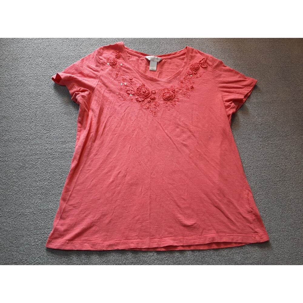 Christopher & Banks Short Sleeve Shirt Large L Womens Embordered Sequins Pink